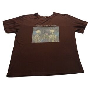 Fall In Love Skeleton Graphic Tee Brown Gothic Rose T-Shirt Mens XL
